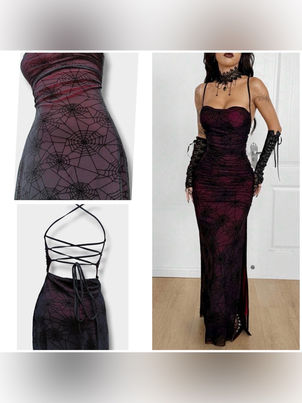 Romantic Goth Strappy Spiderweb Lace Mesh Halter Maxi Dress Red Lining, Small